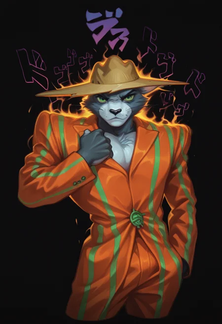 masterpiece, best quality, Graphic Design, color art, vibrant colors, colorful, intricate details, high contrast, detailed background, beautiful detailed, beautiful face, detailed eyes, detailed face, new, newest, z00tt0m, 1boy, solo, male focus, furry, cat, yellow sclera, green eyes, grey fur, whiskers, hat, formal, suit, striped jacket, striped pants, simple background, black background, cowboy shot, dynamic pose, orange aura, menacing, looking at viewer, serious face, g10rn0, pulling own clothes, jojo pose,