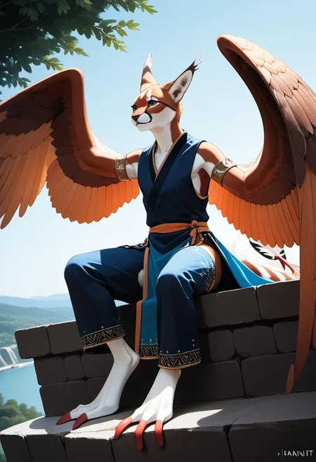 1person, Palagiri, anthro, feline features, feline nose, ((wings)), ((armless)), perfect wings,
Sitting, sitting on cliff edge,
3/4 view, dutch angle, perfect wings, prehensile wings, ((prehensile toes, long toes)), ((feathers-tipped tail, fanned tail-tip, tapering-tip tail)),
digitigrade legs, pelvic curtain tunic,
((Feet focus, detailed toes)),
Lifting leg, holding fruit with foot,
Source: anime, score: 9, score: 8up,