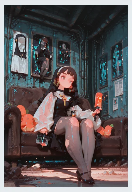 , masterpiece, best quality,
(dramatic lighting, shadows, dynamic posture)
,
(face close-up), face shot, head shot, face focus
,
mid night, shadowy
,
(from below,
front view
),
1girl,
sitting on victorian couch, legs crossed ,
very short hair ,
blunt bangs ,
ultra detailed eyes, (flat chest), [[[abs]]],
emosionless ,thick eyebrows
,
( nun outfit ),
pumps, torn translucent grey tights ,
skindentation, ((chubby thick legs), thick legs, chubby legs), thick calves,
lab coat ,
backlighting ,
dynamic perspective,
BREAK
holding plushies
,
(simple background, simple gradient pastel khaki  background with white border),
abandoned  vast space   background, messed floor
,window ,posters ,light particles ,atmospheric mist
,
flatline, fl4t,
oyarcf, usnr,
(nurzhan bekkaliyev)
,
,
<lora:TrendCraft_The_Peoples_Style_Detailer-v1.0A-3_13_2025-illustrious:0.4>
<lora:sdxl_turbo_weghts_beta_v0_1_0:0.95>
<lora:fl4t:1.4>
<lora:Nurzhan_Bekkaliyev:1.25>
<lora:oyarcf:0.6>
<lora:USNR STYLE_XL_loha:0.75>
,
, , ,