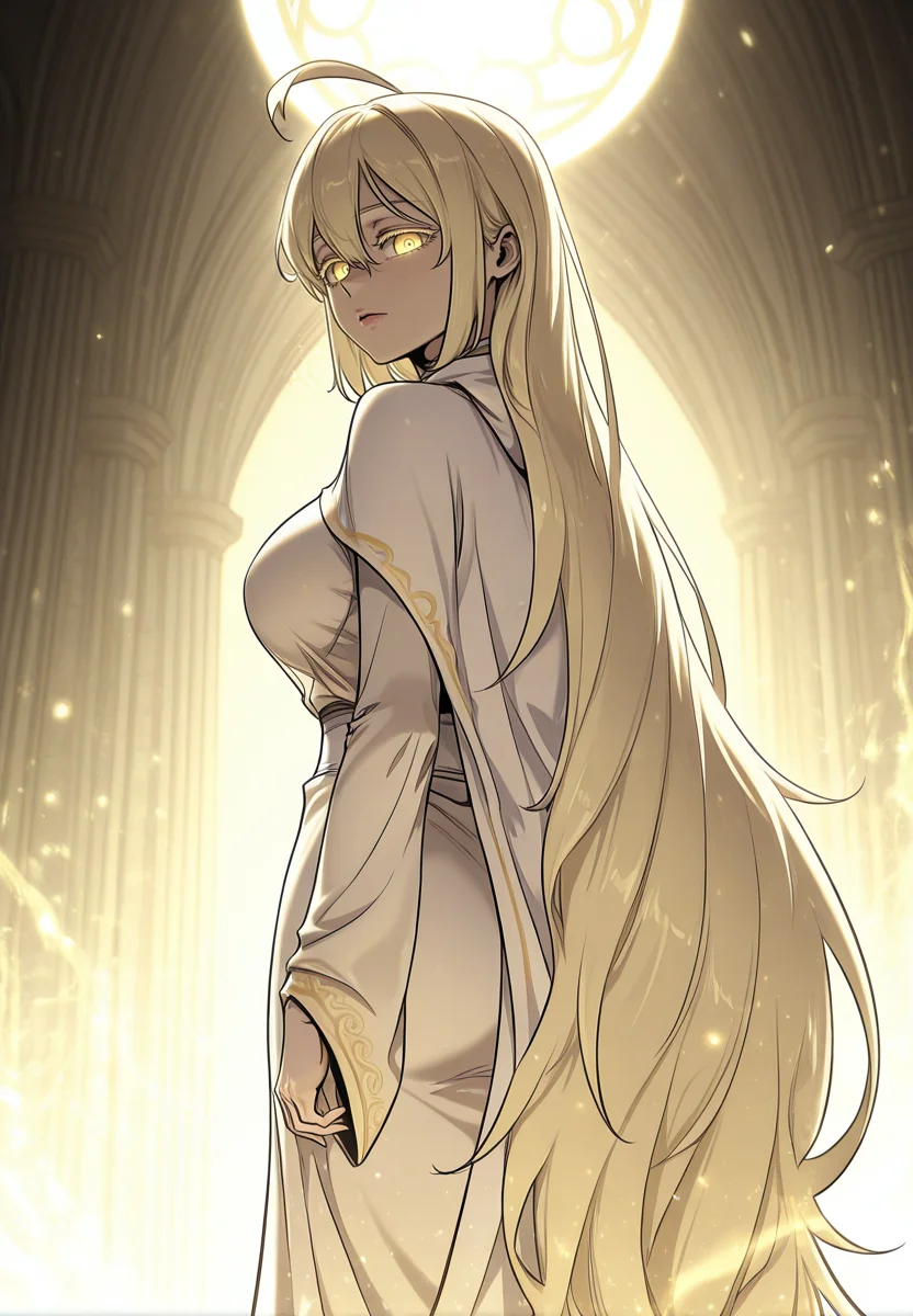 zPDXL3, score_9_up, score_8_up, score_7_up, ,Masterpiece,(perfect female body:1.2), small waist, (incredibly detailed:1.4), beautiful fingers, (large breasts:1.2) big breasts, looking at viewer, looking at viewer, <lora:Wi_Seol-Ah_-_Childhood_Friend_of_the_Zenith-Kaleid_Illustrious:1> wiseol-ah, 1girl, very long hair, blonde hair, yellow eyes, blonde eyelashes, , ahoge, hair between eyes, glowing eyes, robe, cape, from behind,