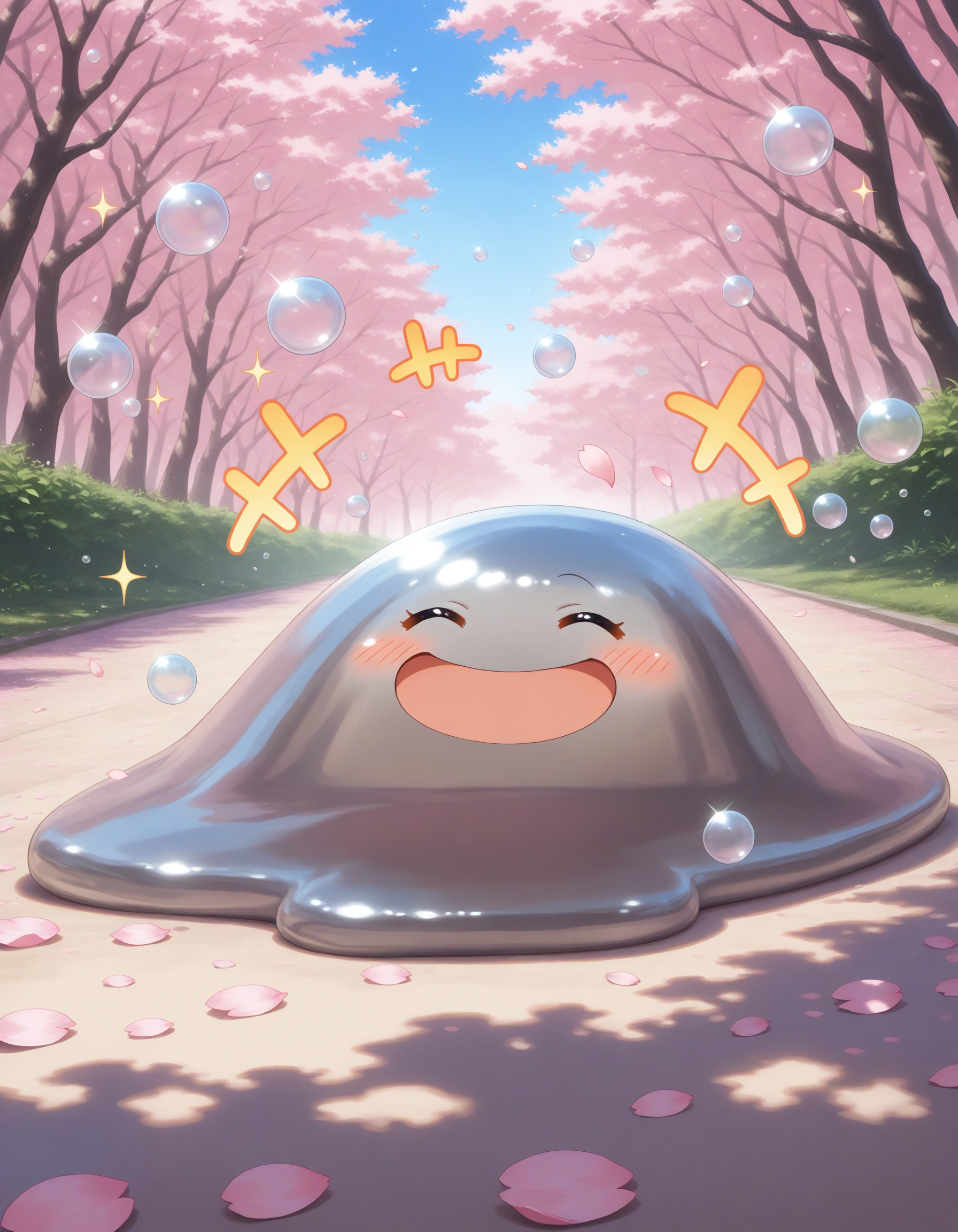 masterpiece,extreme detailed BREAK 1other,no humans,no_legs,day,outdoors,cherry blossoms,cherry tree BREAK hagurin,:D,slime \(creature\),sparkle,bubble,<lora:hagurin-NAI:1>,happy,smile,^ ^,+++,blush,pink petals,close-up,