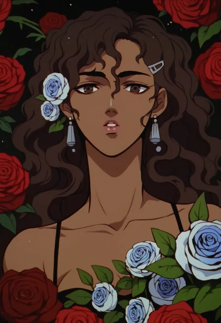 score_9, score_8_up, score_7_up, score_6_up, score_5_up, score_4_up,
<lora:BerserkV5:1> berserk,
, 1girl, solo, long hair, breasts, brown hair, hair ornament, jewelry, brown eyes, upper body, flower, earrings, parted lips, hairclip, dark skin, hair flower, dark-skinned female, lips, rose, wavy hair, messy hair, blue flower, curly hair, spaghetti strap