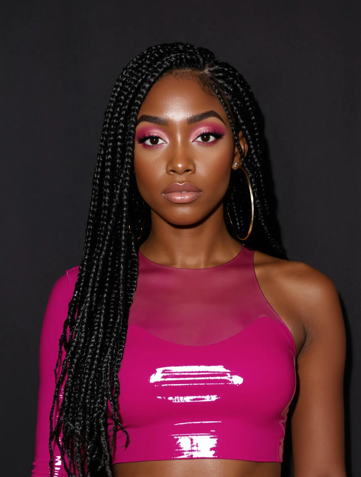 An extremely detailed and realistic close-up portrait of a young Black woman, likely in her early twenties. She possesses a serious, composed expression. Dark brown, intricate braids frame her face. Her makeup features a bold, rosy-pink eyeshadow, complemented by a nude lip gloss. The subject wears a vibrant magenta, glossy, form-fitting crop top. The fabric appears smooth, with a high sheen, almost like a lacquered surface. The material's texture is reflective, creating highlights that catch the light. The background is a dark gray/black backdrop, a common feature of award ceremony or red carpet events. The setting is a formal, professional indoor venue, characterized by subdued lighting and a minimalist atmosphere. The image is sharply focused, likely with a mid-range lens, highlighting the subject's features and the texture of the clothing. A timeless, sophisticated yet vibrant portrait style is evident. The composition focuses on the subject and her attire, with the background softly blurred to emphasize the subject. The overall mood is elegant and poised, reflecting the gravitas of a formal event. 4K UHD