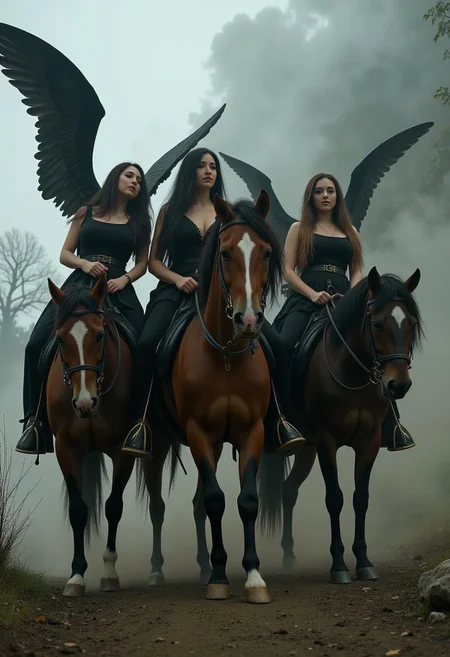 four beautiful women on horses representing the four horsemen of the apocalypse. A dystopian scene as the women ride the horses, dark angelic women,