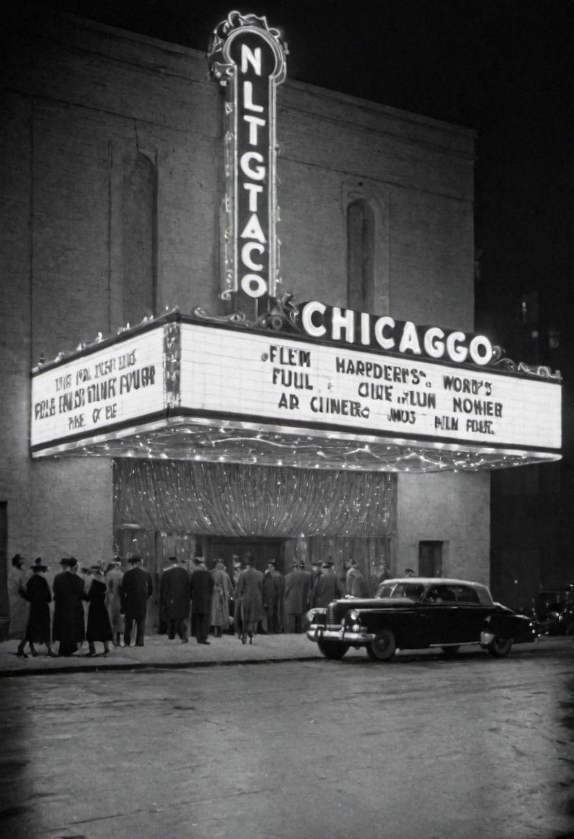 1950s Chicago, nightclub exterior. Captured on a 35mm camera, black and white, classic film noir film.