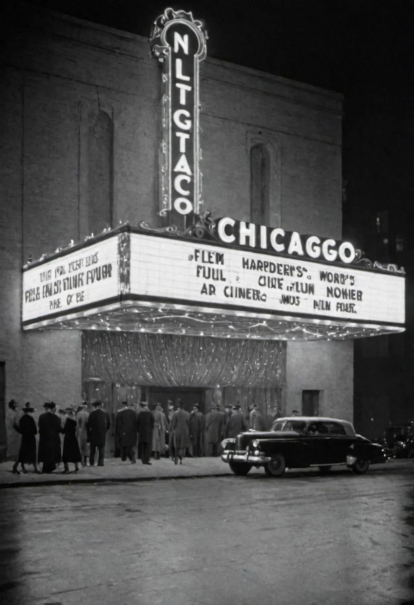 1950s Chicago, nightclub exterior. Captured on a 35mm camera, black and white, classic film noir film.