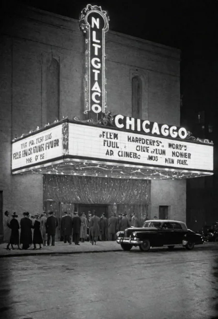 1950s Chicago, nightclub exterior. Captured on a 35mm camera, black and white, classic film noir film.