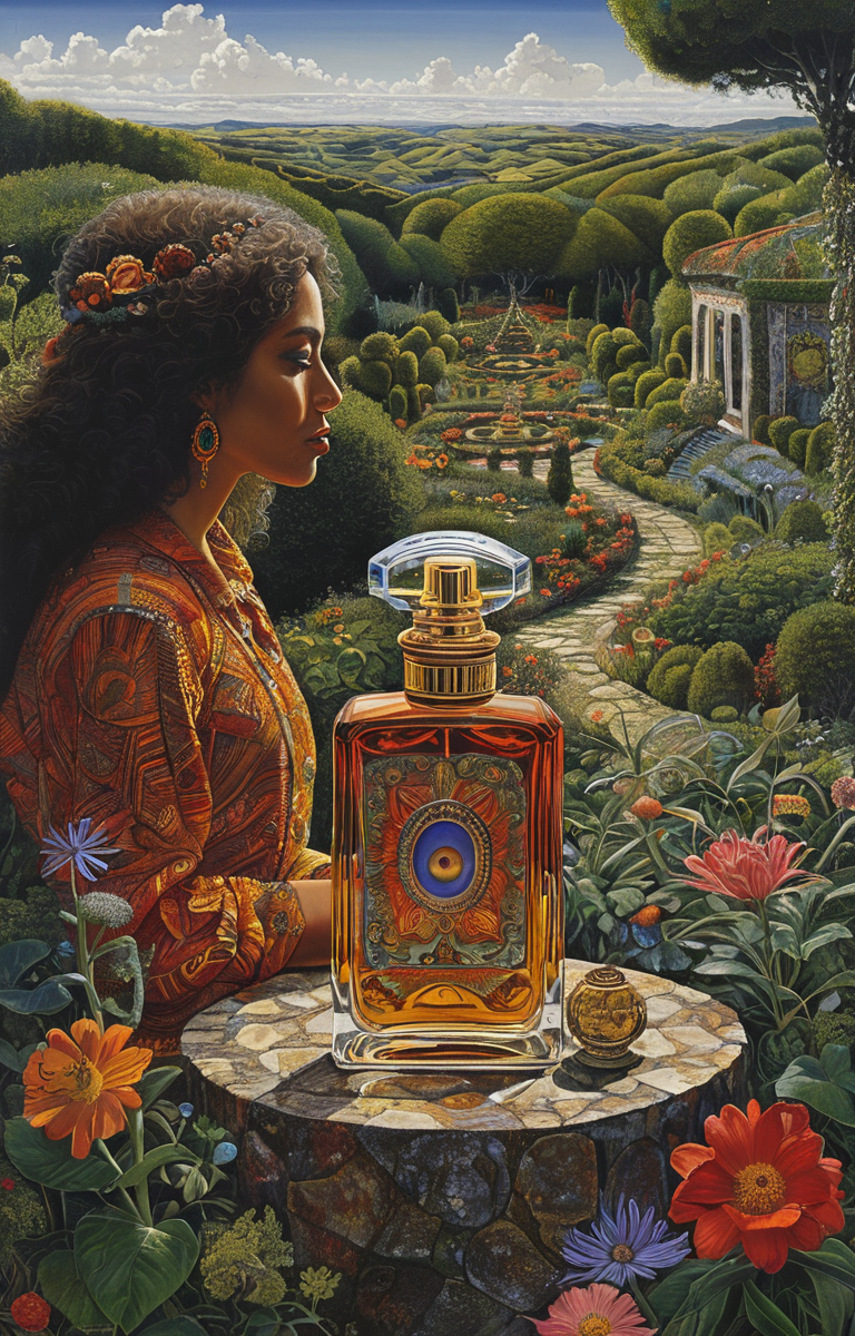 masterpiece,best quality,<lora:tbh376-sdxl:0.6>,illustration,style of Mati Klarwein, A bottle of perfume in garden