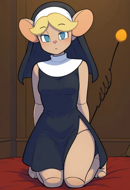 solo, (springtail), robot joints, blonde hair, looking at viewer, nun outfit, kneeling