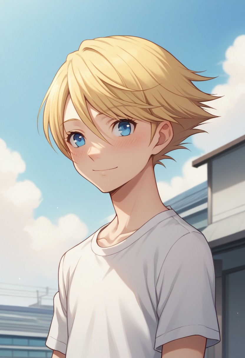 score_9, score_8_up, score_7_up, source_anime, highly detailed, 
teddie, solo, blonde hair, male focus, 1boy,  blue eyes, t-shirt, upper body, blush, light smile, looking at side,
outdoor, sky, building, day, clouds,
