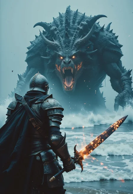 Over-the-shoulder shot of a dark, menacing mechanical knight facing off against a colossal water-beast boss in a fierce battle. From behind the knight, the shot captures the gritty, battle-worn details of his massive, intricately designed armor, while the eerie glow of his twisted sword crackles with dark energy. The blade pulses with a glowing orb of dark purple and translucent amber light, casting a sinister glow across the knight’s helmet and armor.
Ahead of him, towering out of the crashing crystal-blue waves, the water-beast boss emerges. Its monstrous form is made of writhing torrents of water and jagged coral-like appendages, glowing with a faint, mystical light. The creature’s massive, glowing eyes lock onto the knight, radiating pure hostility. The stormy battlefield is filled with chaotic waves and violent energy, as the beast roars, sending shockwaves through the ocean.
The perspective over the knight’s shoulder gives a clear view of the daunting task ahead, with the knight’s sword crackling ominously as he prepares to face the towering water-beast, its immense size dwarfing everything around. The scene is a clash of titanic forces, set against the backdrop of a tumultuous ocean, the battle on the brink of an explosive showdown.