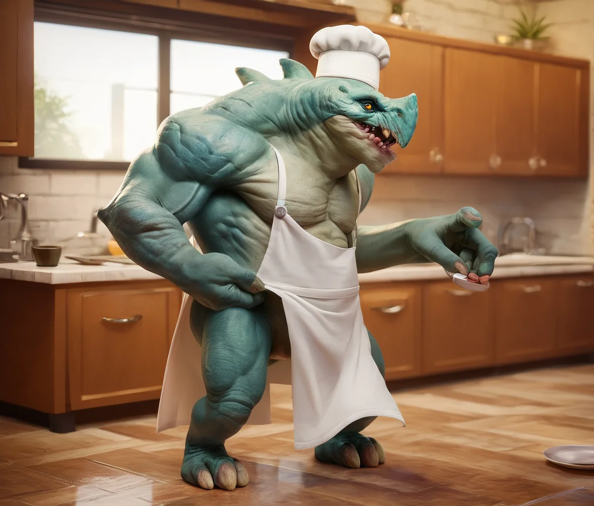 zPDXL2, Long shot rating_safe, score_9 , score_8_up, score_7_up, 4k, 2.5d , highres, absurdres, full body, BREAK
grux as a chef in a restaurant kitchen cooking food , paraggrux, wearing chef hat on head, wearing an apron covering chest,grey skin, teeth, spikey spine, monster <lora:Grux_-_Paragon:0.8> <lora:Pony_DetailV1.0:0.6>