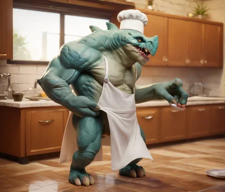 zPDXL2, Long shot rating_safe, score_9 , score_8_up, score_7_up, 4k, 2.5d , highres, absurdres, full body, BREAK
grux as a chef in a restaurant kitchen cooking food , paraggrux, wearing chef hat on head, wearing an apron covering chest,grey skin, teeth, spikey spine, monster <lora:Grux_-_Paragon:0.8> <lora:Pony_DetailV1.0:0.6>