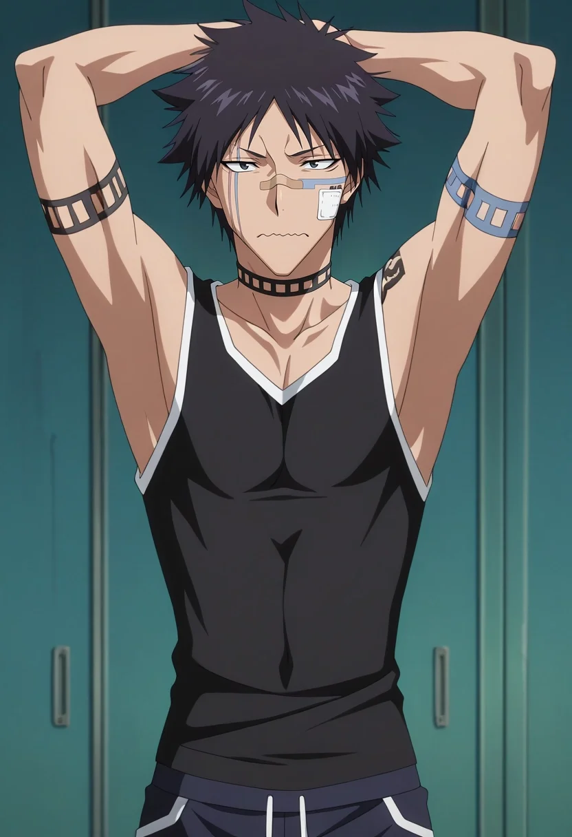 masterpiece, best quality, , anime screencap, anime coloring, , , 1boy, solo, male focus, <lora:shuuhei_hisagi_ilxl:1>, shuuhei_hisagi, black hair, black eyes, short hair, , tattoo, facial mark, bandaid on nose, scar on face, , choker, asymmetrical, mont saint michel, dawn, arms above head, wavy mouth, bermuda shorts,
