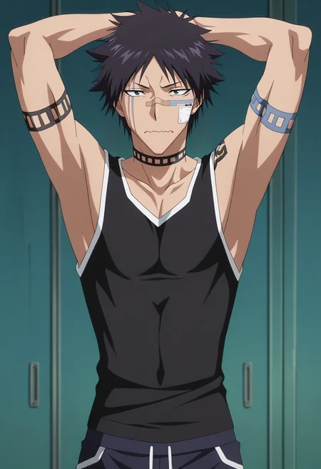 masterpiece, best quality, , anime screencap, anime coloring, , , 1boy, solo, male focus, <lora:shuuhei_hisagi_ilxl:1>, shuuhei_hisagi, black hair, black eyes, short hair, , tattoo, facial mark, bandaid on nose, scar on face, , choker, asymmetrical, mont saint michel, dawn, arms above head, wavy mouth, bermuda shorts,