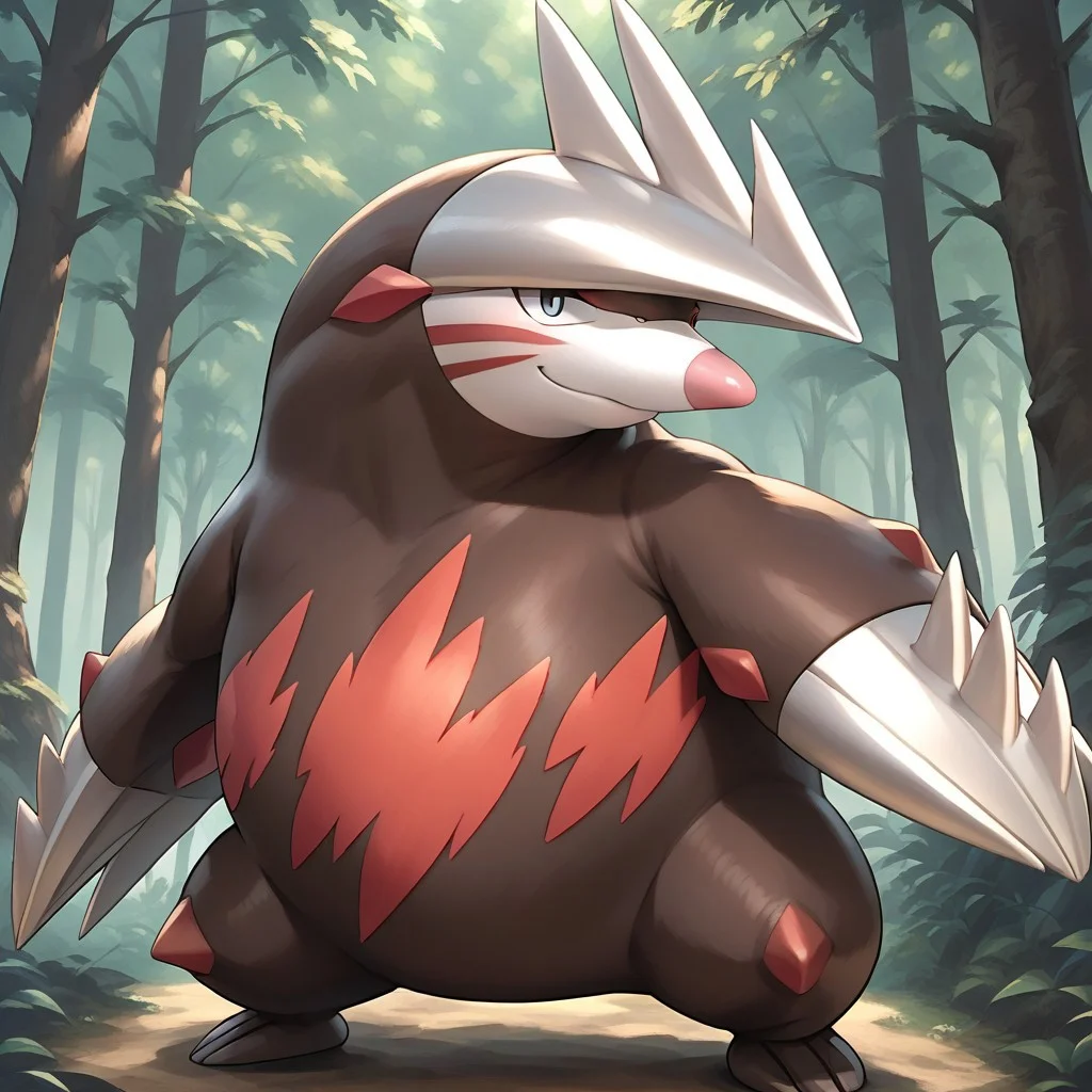 score_9, score_8_up, score_8, score_7, source_anime, Excadrill, Solo, semi-anthro, mole, pokemon (creature), brown body, red body markings, black eyes, pink nose, single horn, claws, full body, looking at viewer, smiling, standing, forest background