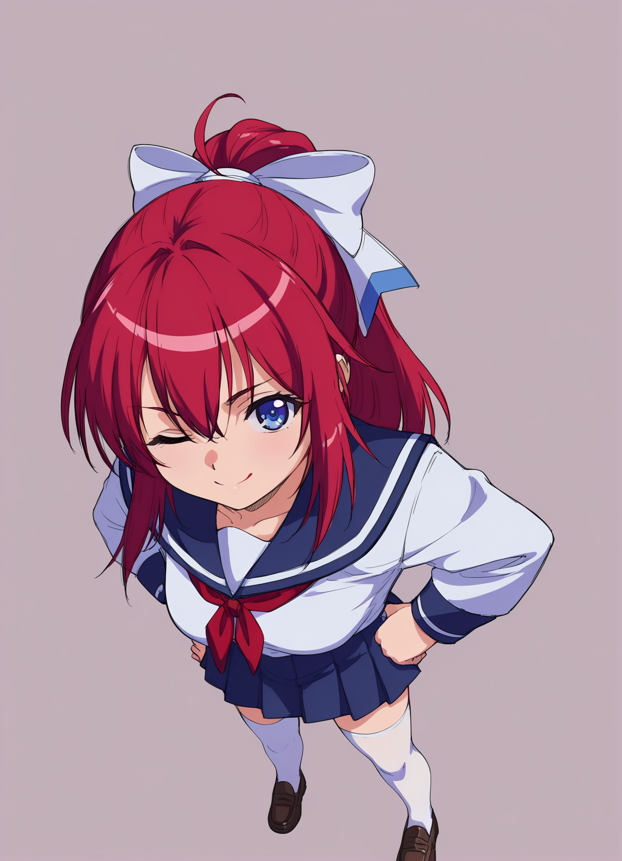 score_9, score_8_up, score_7_up, masterpiece, best quality, absurdres, official art, official style, anime screencap, megami magazine, zPDXL2, zPDXLxxx, <lora:Shiratori Mikoto (In'youchuu Chiroku ver) Pony v1_epoch_10:0.7>, 1girl, solo focus, shiratori_mikoto, large breasts, BREAK, (blue eyes:1.1), BREAK, red hair, long hair, ponytail, sidelocks, bangs, BREAK, hair ribbon, white ribbon with blueline, BREAK, school uniform, capelet, white jacket with black sideline, BREAK, red ribbon, BREAK, white skirt with black lining, pleated skirt, sawtooth hem, BREAK, (white thighhighs:1.2), BREAK, loafers, BREAK, <lora:neg4all_bdsqlsz_xl_V91:1.0> <lora:ALTXL_pony_0061_8:2.0>, <lora:detailed_hands-000002:1>, hand one eye closed, smile, cowboy shot, looking at viewer, hands on own hips, from above (simple background, white background:1.2),