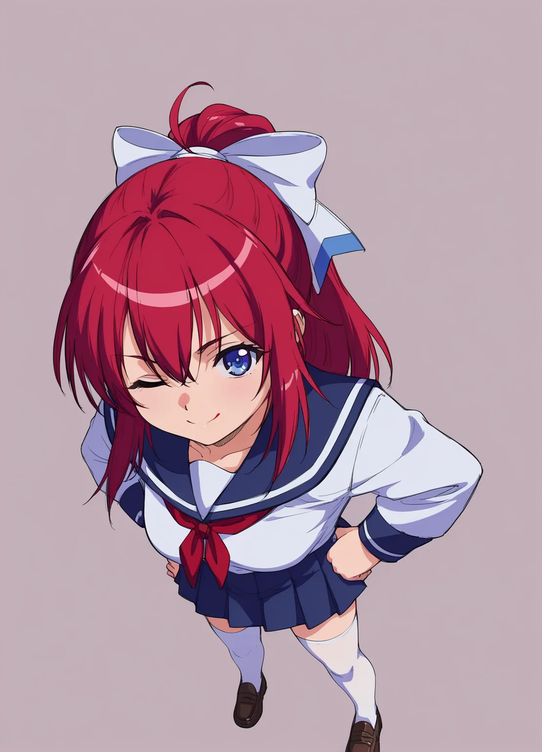 score_9, score_8_up, score_7_up, masterpiece, best quality, absurdres, official art, official style, anime screencap, megami magazine, zPDXL2, zPDXLxxx, <lora:Shiratori Mikoto (In'youchuu Chiroku ver) Pony v1_epoch_10:0.7>, 1girl, solo focus, shiratori_mikoto, large breasts, BREAK, (blue eyes:1.1), BREAK, red hair, long hair, ponytail, sidelocks, bangs, BREAK, hair ribbon, white ribbon with blueline, BREAK, school uniform, capelet, white jacket with black sideline, BREAK, red ribbon, BREAK, white skirt with black lining, pleated skirt, sawtooth hem, BREAK, (white thighhighs:1.2), BREAK, loafers, BREAK, <lora:neg4all_bdsqlsz_xl_V91:1.0> <lora:ALTXL_pony_0061_8:2.0>, <lora:detailed_hands-000002:1>, hand one eye closed, smile, cowboy shot, looking at viewer, hands on own hips, from above (simple background, white background:1.2),