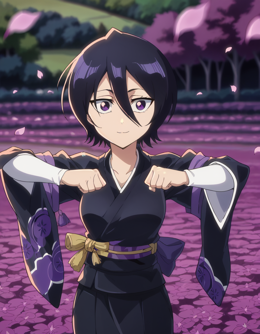 score_9, score_8_up, score_7_up, source_anime, <lora:rukia-kuchiki-tybw-ponyxl-lora-nochekaiser:1>, rukia kuchiki, black hair, hair between eyes, purple eyes, short hair, medium breasts, anime screencap, japanese clothes, kimono, hakama, black kimono, long sleeves, wide sleeves,, flower field, colorful, petals, scent, bloom, smile, <lora:mochi-mochi-ponyxl-lora-nochekaiser:1>, mochi mochi dance, clenched hands, hands up,, looking at viewer, solo,, cowboy shot, solo