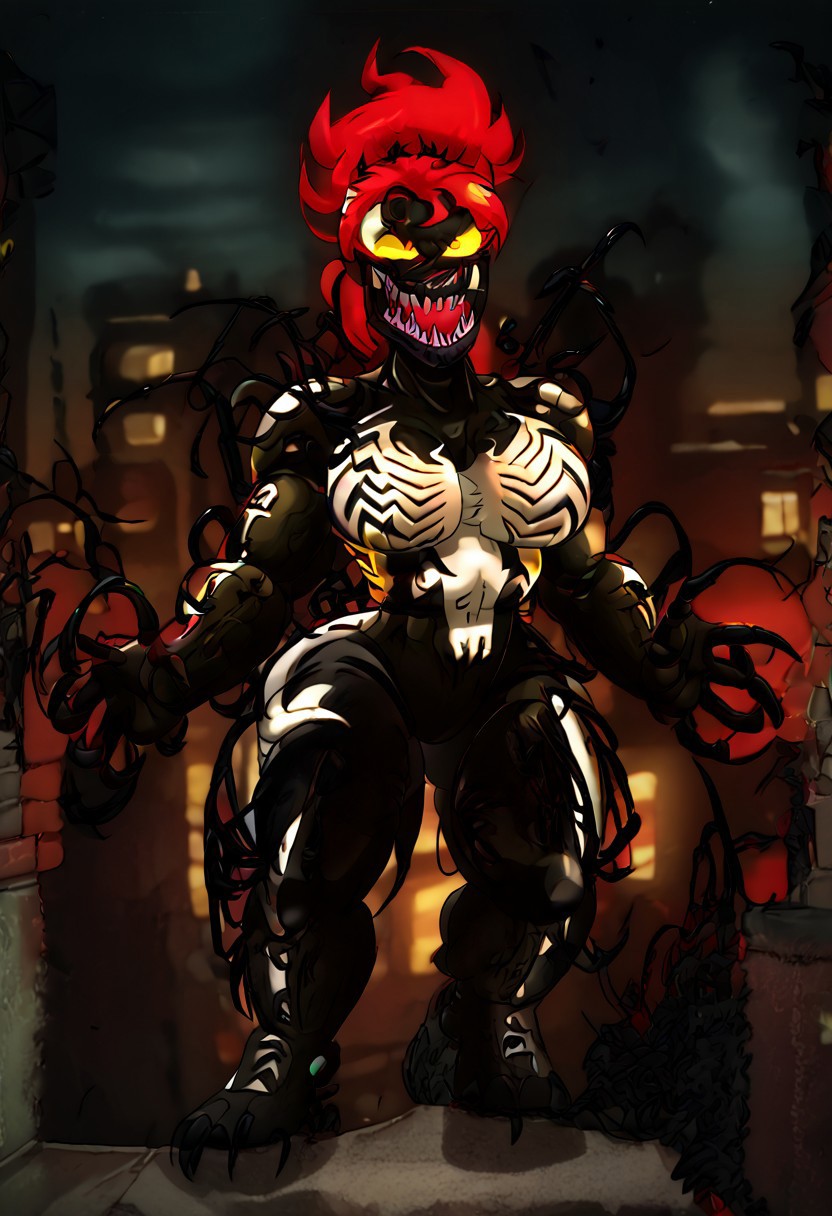 demencia, red hair, green ponytail, yellow eyes, sharp teeth, smile, eyeshadow, tongue out, ((score_9, score_8_up, score_7_up, best quality, masterpiece, smooth shading, by joaoppereiraus, joao, solo full body)), (((city, roof, night, moon, easynegative, high view))), ((female, red eyelashes, claws)), ((veins, venom, symbiote, fusion, hybrid:1.50)), ((laughing, posing, standing))