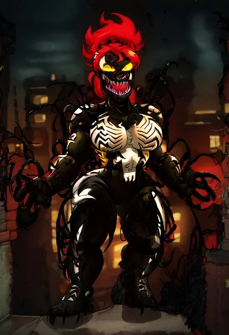 demencia, red hair, green ponytail, yellow eyes, sharp teeth, smile, eyeshadow, tongue out, ((score_9, score_8_up, score_7_up, best quality, masterpiece, smooth shading, by joaoppereiraus, joao, solo full body)), (((city, roof, night, moon, easynegative, high view))), ((female, red eyelashes, claws)), ((veins, venom, symbiote, fusion, hybrid:1.50)), ((laughing, posing, standing))