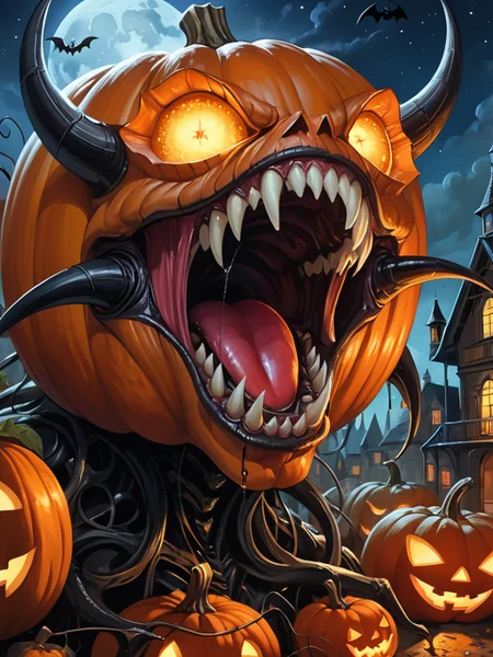 ((best quality)), ((masterpiece)), ((detailed)), (exquisite), impressive, ((astounding)),
suddenly an evil bloodthirsty cacodemon in the form of a Halloween pumpkin, painted in orange Halloween colors, flies down on me from above, an evil eye drills its target, horns and growths stick out in different directions in a frightening way, a huge fiery mouth is wide open, many predatory sharp teeth are eager to grab and tear apart the unfortunate innocent victim, huge fangs are flashing, saliva drips from the predatory mouth,
dark starry night, full moon, creepy Halloween night,
The sparkling glowing evil eye adds a touch of horror to this scene.
This creature is a masterpiece of artists Boris Vallejo and Julie Bell, with dark and evil features captured in a realistic style.
A dark starry night with a full bright moon in the background contrasts with the orange Halloween colors of the creature's body,
and the interplay of light and shadow adds depth to the cacodemon, creating an image of the eternal terror and fear that Halloween night brings, (full-length photo: 1.7),
Wide Angle Lens, Wide Angle, Sharp Focus, Hyper-Detailed, Very Complex), Striking Detail, Cinematic Shot Detail,
Cinematic Photography, Film Mood, Cinematic Lighting, Compelling Composition, Narrative Elements, Conveys emotion, mood, and narrative depth, creating visually striking images that feel like still frames from a movie,
<lora:add-detail-xl:0.7>, <lora:WildcardX-XL-Detail-Enhancer:0.4>,
Graffiti Art Style, Ornate and Intricate, Neo-Baroque, Pencil Sketch Drawing, Vibrant Rim Light, cinematic photo photograph prompt,50mm . cinematic 4k epic detailed 4k epic detailed photograph shot on kodak detailed cinematic hbo dark moody,35mm photo,grainy,vignette,vintage,Kodachrome,Lomography,stained,highly detailed,found footage,
hyper-detailed,beautifully color-coded,Hyperrealism style glamour shot of low light photo of Luxurious Elegance, Luxury product,
Artgerm,figurative art,highly detailed digital painting,a fine art painting,cinematic light,dynamic composition,elegant,intricate,very inspirational,innocent,aesthetic,(sharp focus),color inspired,extremely,RAW photo,(high detailed skin:1.2),8k uhd,dslr,soft lighting,high quality,film grain,Fujifilm XT3,masterpiece,best quality,realistic,very clear,ultra quality,ultra detailed,masterpiece. Ambient,moody,dramatic,shadowy. Beauty focused,make-up,lighting,seductive, masterpiece,best quality,realistic,very clear,
Ultra-realistic images,even more detailed than photography,by artists like Chuck Close,emphasis on texture and minute detail insane details,intricate details,beautifully color graded,insanely detailed and intricate,hypermaximalist,elegant,hyper realistic,super detailed,biomechanical landscapes,surreal forms,dark and intricate textures,a fusion of organic and machine,eerie beauty,alien figures,dystopian visions,intricate details,monochromatic color schemes with highlights of metallic sheens,by H.R. Giger,
35mm photograph, film, bokeh, professional, 4k, highly detailed, bright rim light, high contrast, bold edge light, black and white drawing, graphite drawing, ornate and elaborate, dynaimc, Neo-Baroque, decorative, highly detailed, elaborate, ornate, intricate, dynamic, dramatic, vibrant colors, graffiti art style, Vector art, Vivid colors, Clean lines, Sharp edges, Minimalist, Precise geometry, Simplistic, Smooth curves, Bold outlines, Crisp shapes, Flat colors, Illustration art piece, High contrast shadows, Technical illustration, Graphic design, Vector graphics, High contrast, Precision artwork, Linear compositions, Scalable artwork, Digital art,