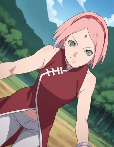 score_9, score_8_up, score_7_up, source_anime,
sakuraharuno, <lora:sakura-haruno-boruto-anime-ponyxl-lora-nochekaiser:1>,
sakura haruno, short hair, green eyes, pink hair, hairband, facial mark, forehead mark, red hairband,
navel, bare shoulders, jewelry, sleeveless, pants, bracelet, dress, red dress,
outdoors, landscape, bent over, smile,
solo, dutch angle, looking at viewer, cowboy shot,