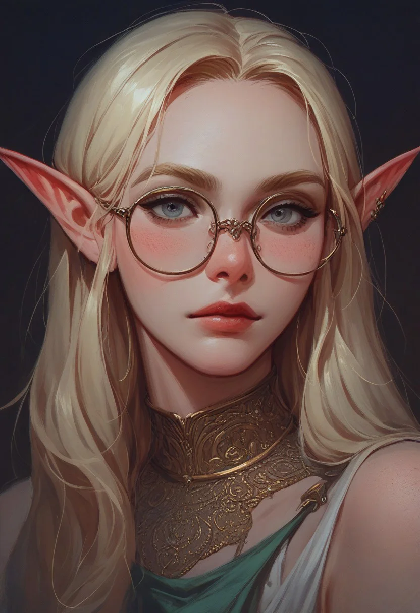 score_9, score_8_up, score_7_up, score_6_up, aesthetic, portrait, close up, (young girl), art, dark background, fantasy art, medieval ethnic clothing, lots of belts, bracelets, jewelry. Warm colors. She is an engineer, epic pose. blonde, elf, round glasses