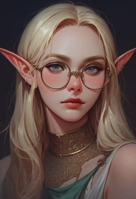 score_9, score_8_up, score_7_up, score_6_up, aesthetic, portrait, close up, (young girl), art, dark background, fantasy art, medieval ethnic clothing, lots of belts, bracelets, jewelry. Warm colors. She is an engineer, epic pose. blonde, elf, round glasses