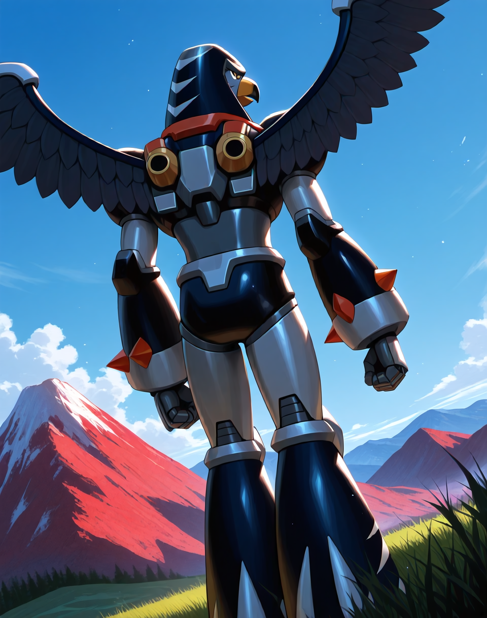 <lora:Flame_Falcon_(Mega_Man_X)_(Illustrious)_(AD):1.35> Flame Falcon, reploid, MMX, 
((
exterior, blue sky with clouds, mountain valley, grassy valley,
dutch angle, dynamic action, cowboy shot, back view, butt, 
male focus, intense shadows, dynamic shadows, intricate details, attention to details, gradient coloring, robot, bright vivid colors, deep metallic colors, glossy metal body, wings, beak, 
)), 
BREAK very awa, masterpiece, best quality, amazing quality, very aesthetic, highres, absurdres,
EZRealPONYXL, zPDXL, Smooth Quality, lazynsfw,