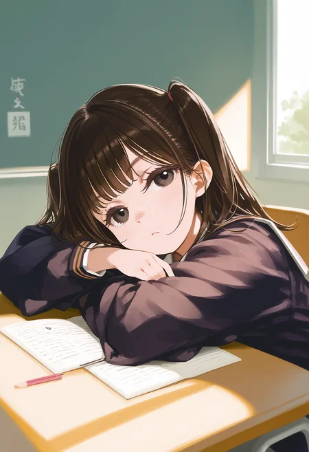 score_9, score_8_up, score_7_up,source_anime,anatomically correct,best perspective BREAK
1girl, ((solo)),<lora:fockewolfstyle:1>fockewolfstyle,
<lora:head_rest_arm_rest_pony_1:1> head rest arm rest,
school uniform, two side up, brown hair, black eyes, sleepy, half-closed eyes, looking at viewer,