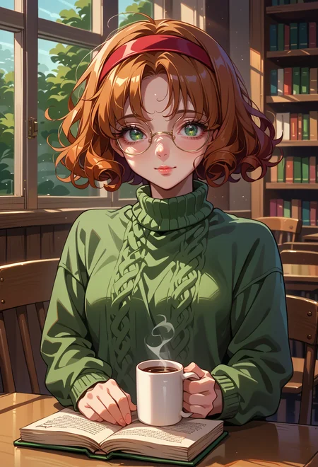 score_9, score_7_up, source_anime, solo, BREAK AEFuuDef, green eyes, curly hair, parted bangs, short hair, glasses, rimless eyewear, round eyewear, red hairband, green sweater, cable knit, library, reading, holding book, coffee mug, indoors, window, sitting, table, Sunlight, light rays, looking away, light smile,
<lora:AEFuu-000009:0.8> aran sweater