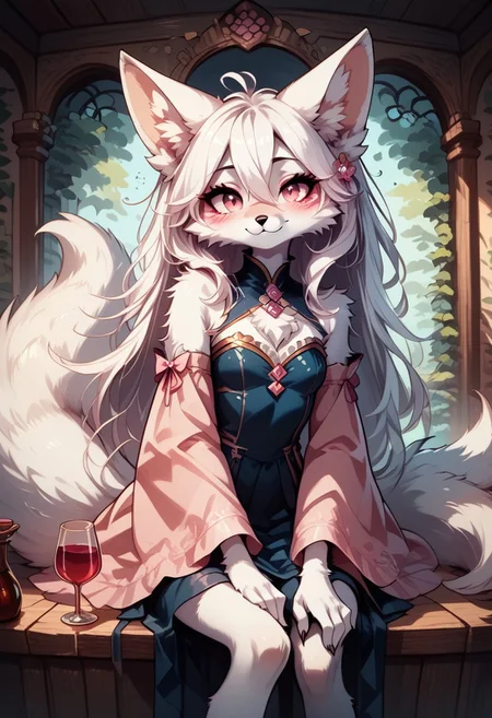 score_9, score_8_up, score_7_up, Kytsune,1girl,solo,furry female,fox girl,fox ears,animal ear fluff,fox tail,white hair,long hair,pink eyes,body fur,white fur,snout,animal nose,MegaFluffyPony, furry, fluffy,
highly detailed, intricate, zzCitronCAT, enchanted grotto scenery, sitting on porch, drinking wine, drunk