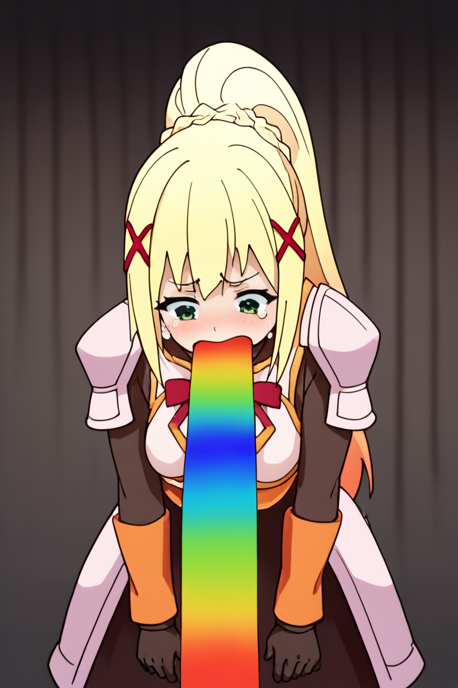 score_9, score_8_up, score_7_up, score_6_up, score_5_up, score_4_up,   <lora:lalatina-dustiness-ford-s2-ponyxl-lora-nochekaiser:0.8> darkness \(konosuba\), long hair, green eyes, blonde hair, hair ornament, ponytail, braid, x hair ornament,gloves, armor, bodysuit, shoulder armor, armored dress, <lora:Rainbow_vomit_meme:1>, 1girl, rainbows, looking down, leaning forward, tears, disgust, vomiting rainbows, vomit, masterpiece, highres