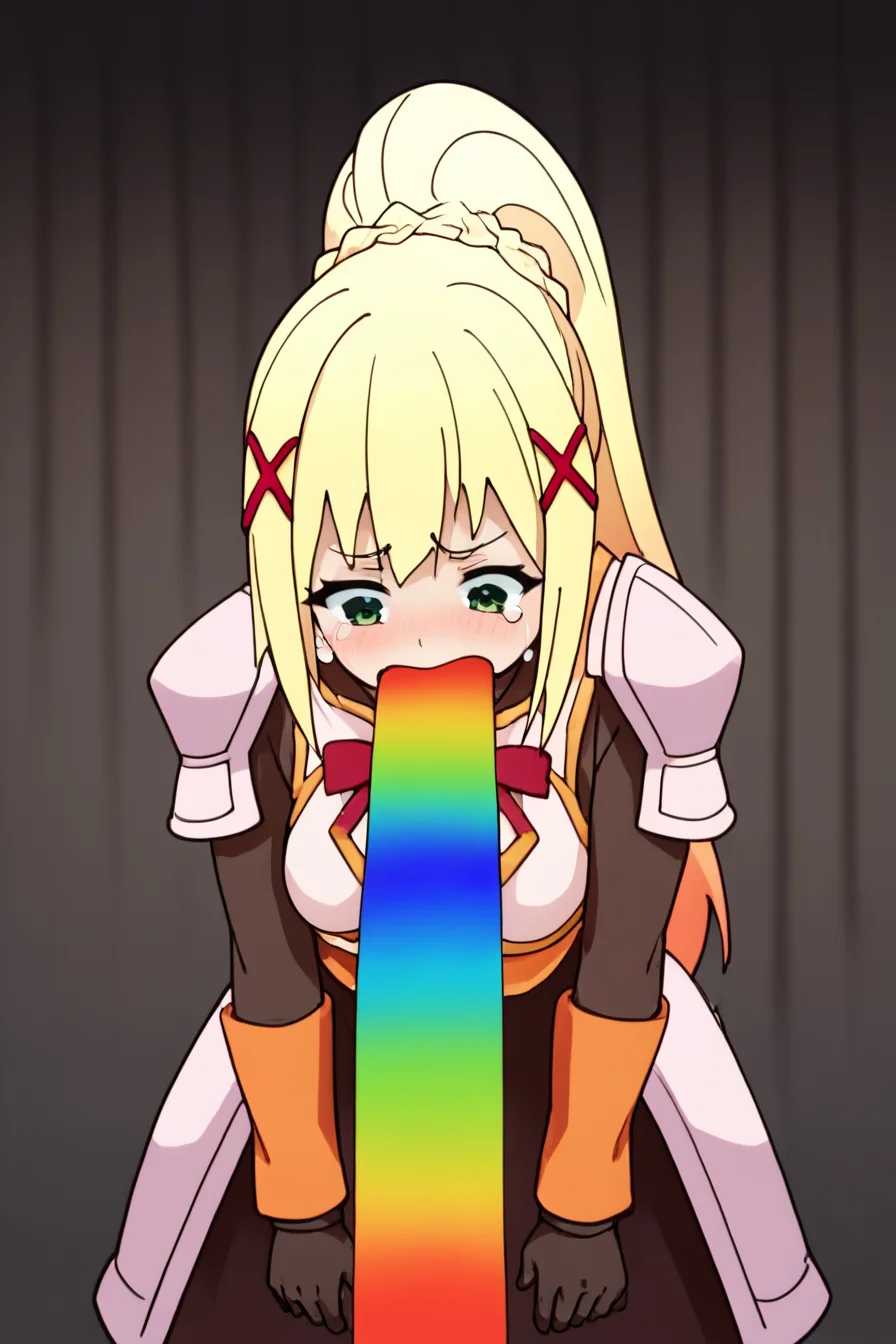 score_9, score_8_up, score_7_up, score_6_up, score_5_up, score_4_up, <lora:lalatina-dustiness-ford-s2-ponyxl-lora-nochekaiser:0.8> darkness \(konosuba\), long hair, green eyes, blonde hair, hair ornament, ponytail, braid, x hair ornament,gloves, armor, bodysuit, shoulder armor, armored dress, <lora:Rainbow_vomit_meme:1>, 1girl, rainbows, looking down, leaning forward, tears, disgust, vomiting rainbows, vomit, masterpiece, highres