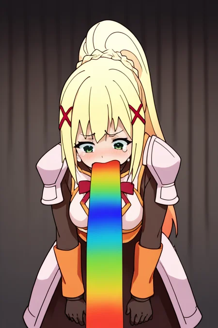 score_9, score_8_up, score_7_up, score_6_up, score_5_up, score_4_up, <lora:lalatina-dustiness-ford-s2-ponyxl-lora-nochekaiser:0.8> darkness \(konosuba\), long hair, green eyes, blonde hair, hair ornament, ponytail, braid, x hair ornament,gloves, armor, bodysuit, shoulder armor, armored dress, <lora:Rainbow_vomit_meme:1>, 1girl, rainbows, looking down, leaning forward, tears, disgust, vomiting rainbows, vomit, masterpiece, highres