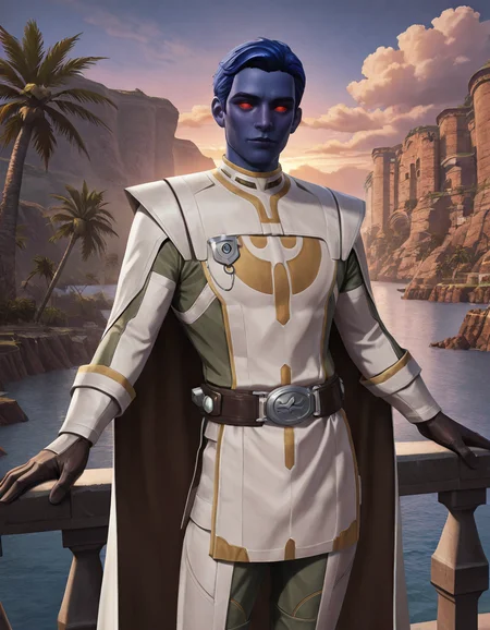 cinematic_depth, 8k, soft_lighting, warm_glow, ultra_high_quality, masterpiece, best quality, newest, perfect quality, best quality, detailed background, intricate details, male focus, anime, <lora:SWTOR - Aristocra Saganu - Illustrious-000004:0.7>, swtor_saganu, 1boy, chiss, blue hair, very short hair, blue skin, red sclera, no pupils, glowing eyes, tunic, long cape, contrapposto, looking at viewer, outdoors, palm trees, water, cliffs, buildings, leaning on railing, gloves, belt, pants, evening, cloudy sky