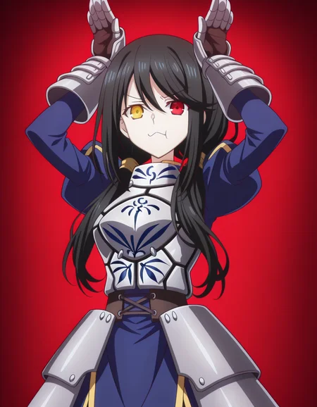 masterpiece, best quality, amazing quality,, <lora:kurumi-tokisaki-s2-illustriousxl-lora-nochekaiser:1>, kurumi tokisaki, black hair, red eyes, long hair, twintails, yellow eyes, heterochromia, mature female, medium breasts, anime screencap, <lora:saber-fate-cosplay-illustriousxl-lora-nochekaiser:1>, saberfatecosplay, saber (fate) (cosplay), armor, armored dress, blue dress, breastplate, dress, gauntlets, juliet sleeves, long sleeves, puffy sleeves,, <lora:rabbit-pose-illustriousxl-lora-nochekaiser:1>, rabbit pose, hands up, looking at viewer, smile, cowboy shot,, pout, , , ,