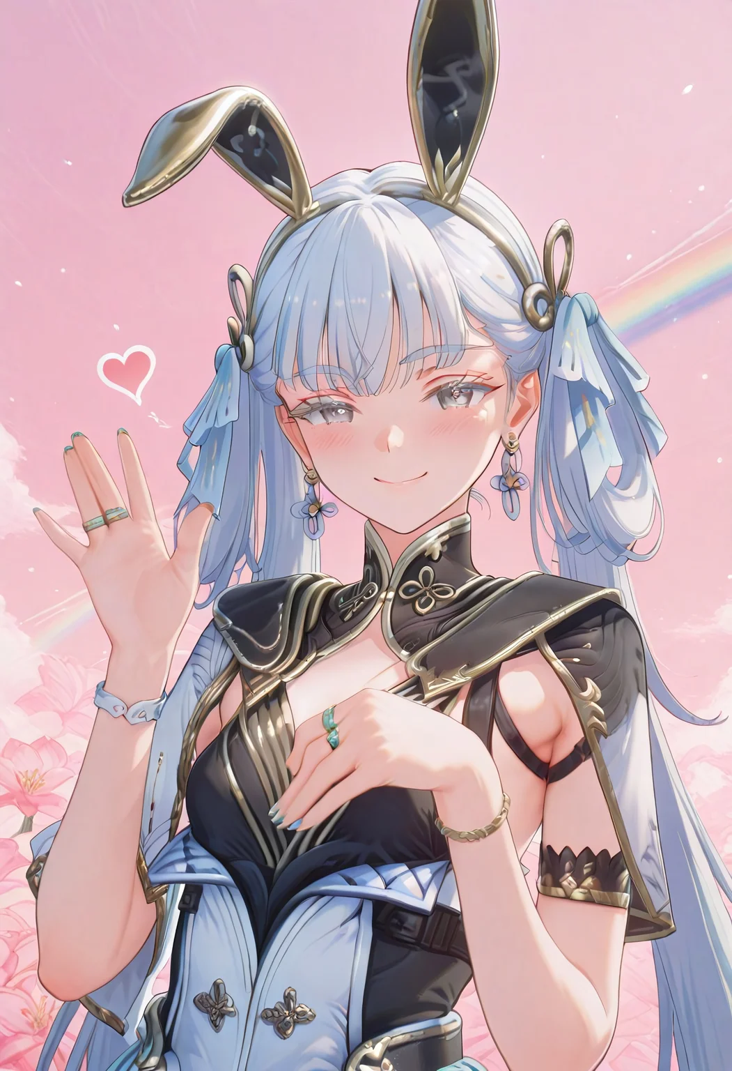 safe_pos, score_9, score_8_up, score_7_up, score_6_up, semi realistic, (au \(d elete\):1.2), 96yottea,masterpiece, best quality, very aesthetic, absurdres, newest,scenery,highres,suzukasuraimu,1girl, jinhsi_\(wuthering_waves\), original uniform, earrings, black collar, armlet, single detached sleeve, bracelet, ring, 1girl, solo,small breasts,),animal ears, white hair, blinking, blush, smile, earrings, fake animal ears,refusing pose,hands up, heart, heart earrings, heart in eye, jewelry, long hair, looking at viewer, nail art, pink background, rabbit ears, rainbow, solo, symbol in eye, thick eyebrows, twintails, posing, dyamic angle, dynamic shot,<lora:suzukasuraimuILL:0.8>,