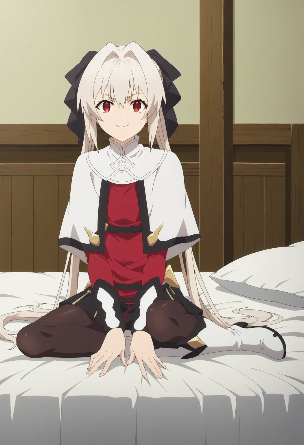 score_9, score_8_up, score_7_up, score_6_up, score_5_up, score_4_up , anime coloring ,BREAK source_anime, anime,screencap,
1girl, solo, lynneburg, bracers, hair ribbon, white boots, skirt, black pantyhose, red shirt, white capelet, belt, <lora:PonyXL Parry Lynne:1>
indoors,bedroom
smile, looking at viewer, sitting on bed,