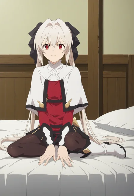 score_9, score_8_up, score_7_up, score_6_up, score_5_up, score_4_up , anime coloring ,BREAK source_anime, anime,screencap,
1girl, solo, lynneburg, bracers, hair ribbon, white boots, skirt, black pantyhose, red shirt, white capelet, belt, <lora:PonyXL Parry Lynne:1>
indoors,bedroom
smile, looking at viewer, sitting on bed,