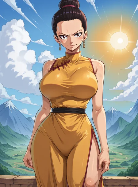 score_9, score_8_up, score_8, score_9, score_8_up, score_7_up,zPDXL2, source_anime,
fairytailxl,
standing,cowboy shot, cloud,sky, mountain, chines landscape, sun,
chichixl, 1girl, solo, smile, looking at viewer, large breasts, earrings, hair bun, no bangs, yellow dress, mature female, china dress, side slit,
<lora:fairytailxl:1> <lora:chichixl:0.6>