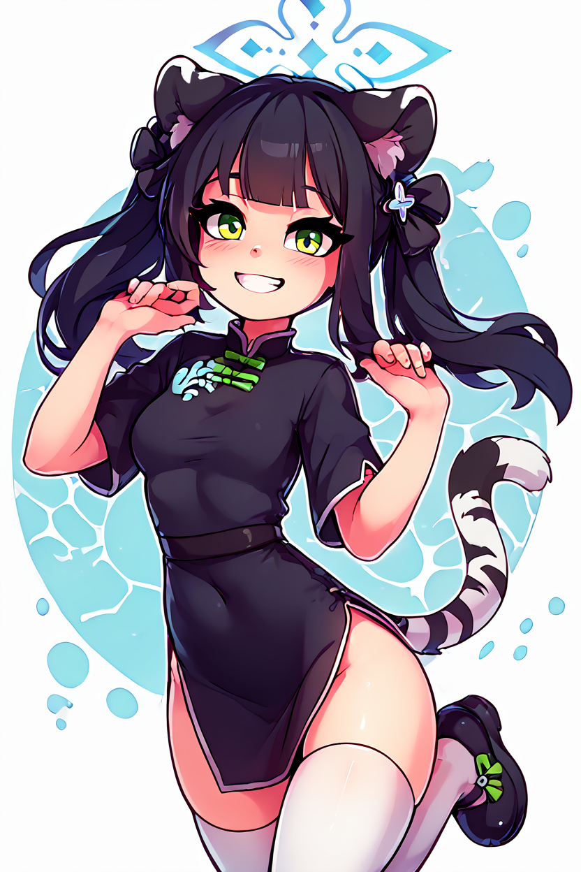 score_9, score_8_up, score_8, medium breasts, (curvy), cute, eyelashes,       BREAK, , ,,,  zzShun, green eyes, black hair, blunt bangs, long hair, animal ears, tiger ears, halo, animal ear fluff, twintails, tiger girl, extra ears, black dress, black footwear, china dress, shoes, short sleeves, white thighhighs,  <lora:Shun_BlueArchive_PDXL_v2:0.8>,  ,,,  , BREAK, smile, looking at viewer, ,,, abstract background, white outline, cowboy shot, ,,, embedding:zPDXL, Expressiveh, ,,, <lora:theOtherHalfPDXL:0.8>, <lora:CatalystStylePDXL:0.6>, <lora:SDXLFaeTastic2400:0.5>, <lora:Expressive_H-000001:0.4>,