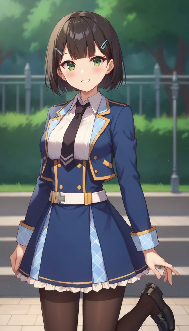 score_9,score_8_up,score_7_up,score_6_up BREAK official art,1girl,solo,outdoors,upper body,(portrait:1.5),looking at viewer,facing viewer,smile,blush,Fenris Squadmate,short hair,black hair,bob cut,blunt bangs,green eyes,blue jacket,cropped jacket,open jacket,wing collar,black necktie,white shirt,collared shirt,dress shirt,long sleeves,medium breasts,double-breasted,white belt,blue skirt,high-waist skirt,pleated skirt,frilled skirt,brown pantyhose,loafers,black footwear,<lora:Fenris Squadmate(sgmt)-Pony:1.2>,