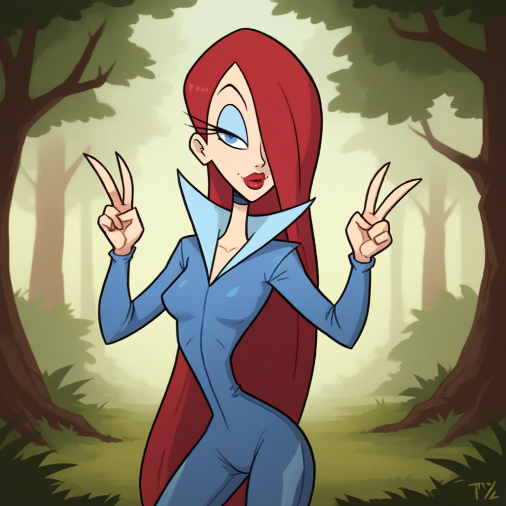 score_9_up, score_8_up, BREAK, MissXZ, 1girl, solo, red hair, long hair, hair over one eye, blue eyes, red lips, bodysuit, cowboy shot, double v,   <lora:MissXandMissZ_PXL_Leaf2:1>, forest, flat color,