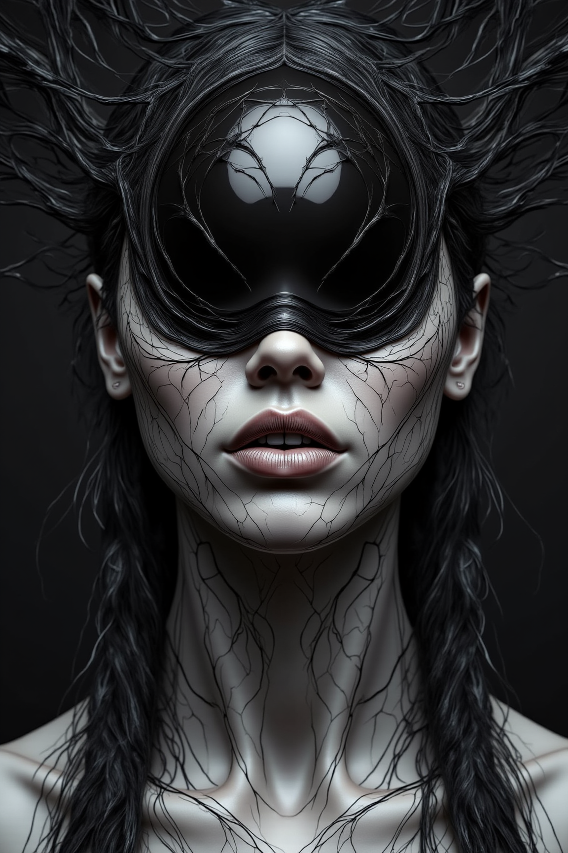 face adorned with, A hyperdetailed hyperrealistic moody photorealistic Portrait of a Woman, an analog Photography with deep depth that feels Like A surreal and hyperdetailed Monochrome Line artwork made of lines, created entirely from unbroken bold, flowing thick lines, forming an optical illusion. The image depicts a close-up portrait of a faceless ethereal being, with a busty figure and long, flowing hair seamlessly integrated into the linework. The head is a smooth, black shiny polished orb in place of a face, surrounded by black and white hues. The lines weave together to create intricate patterns and cinematic depth, drawing the viewer's eye through the composition with hypnotic precision, 16K.