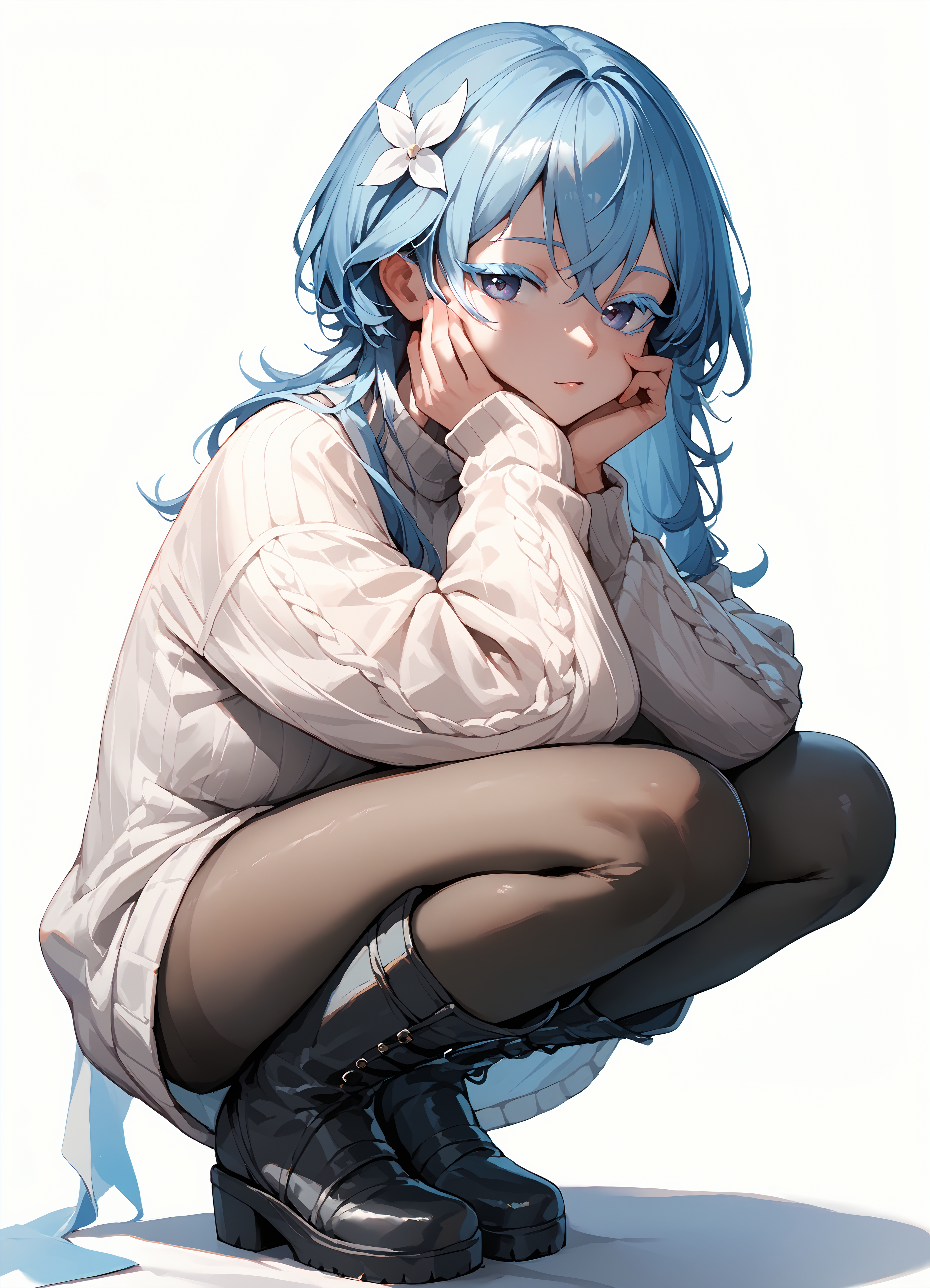 (score_9, score_8_up, score_7_up), 1girl, shorekeeper, colored eyelashes, oversized sweater, long sleeves, black pantyhose, boots, looking at viewer, squatting, hand on own cheek, white background, <lora:shorekeeper-wwPO-v1cr:0.9>