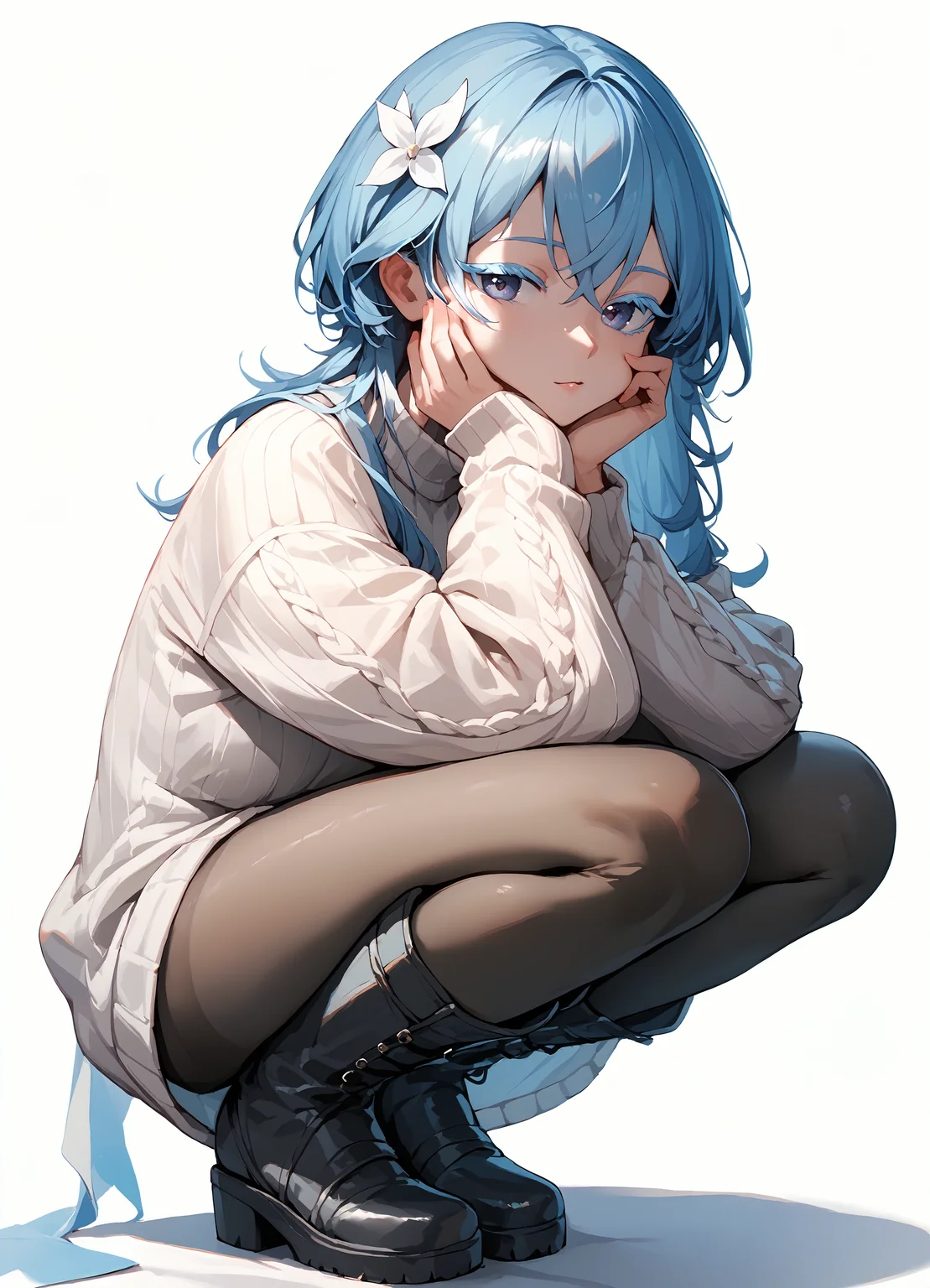 (score_9, score_8_up, score_7_up), 1girl, shorekeeper, colored eyelashes, oversized sweater, long sleeves, black pantyhose, boots, looking at viewer, squatting, hand on own cheek, white background, <lora:shorekeeper-wwPO-v1cr:0.9>