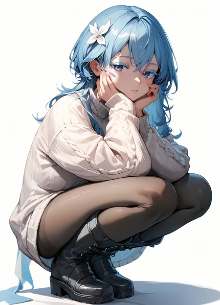 (score_9, score_8_up, score_7_up), 1girl, shorekeeper, colored eyelashes, oversized sweater, long sleeves, black pantyhose, boots, looking at viewer, squatting, hand on own cheek, white background, <lora:shorekeeper-wwPO-v1cr:0.9>