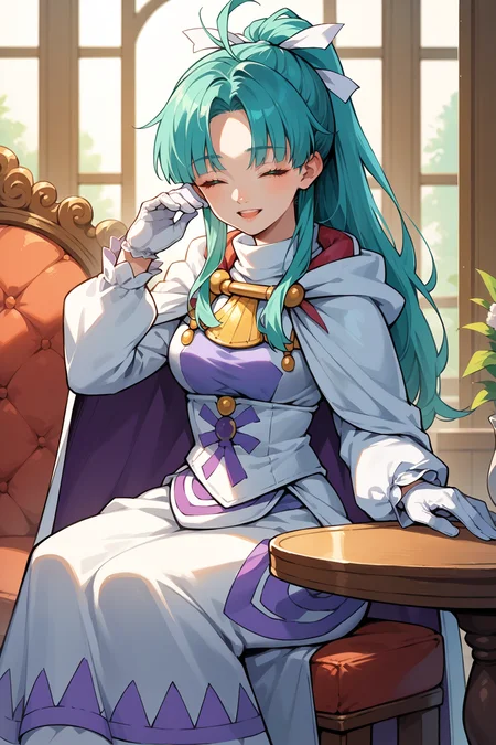 score_9, score_8_up, score_7_up, score_6_up, source_anime, 1girl, solo  <lora:gsmia-pdxl-nvwls-v1-000005:1> gsmia, cyan hair, ponytail, long hair, hair ribbon, white and purple cape, white gloves, white and purple dress, long white dress, sitting, indoors, table, chair, happy, closed eyes, looking at you